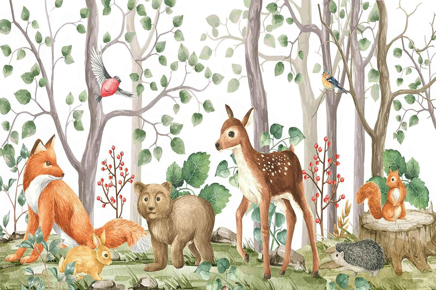 Cute Forest Animals Green Plants Trees Grasslands Composition Watercolor Mural for Interior Wall Decoration（Not Peel and Stick）