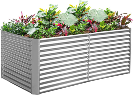 Land Guard 8x4x3ft Rectangular Galvanized Raised Garden Beds, Large-Capacity Metal Planter Box Outdoor, Durable Deep Raised Garden Bed 3ft Tall, Raised Beds for Gardening Vegetables, Classic Silver
