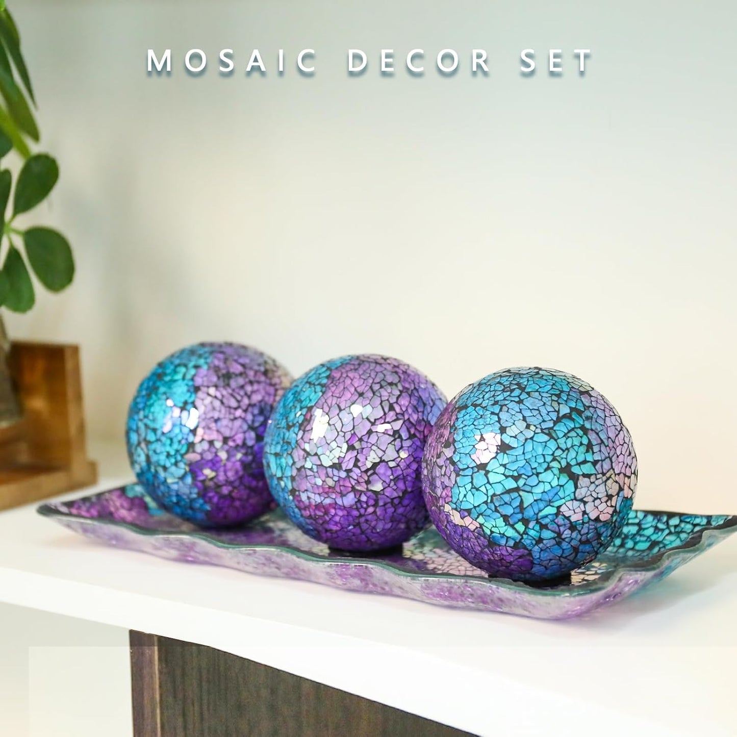 VCUTEKA Decorative Balls and Glass Bowl, 4 Inch Mosaic Sphere Balls Centerpiece Balls for Coffee Table, Home Decor, Wedding Party Decor, Purple