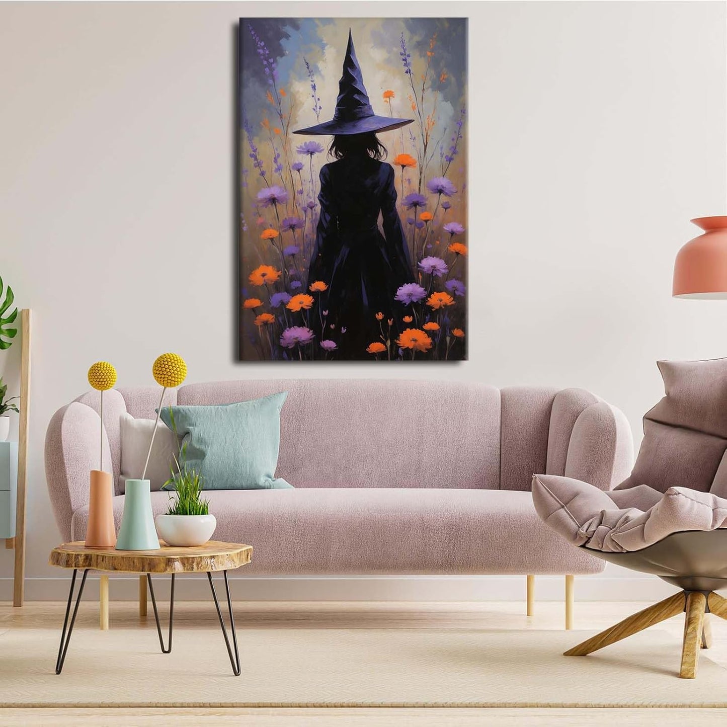 JFHCQJPK Country wildflower witch canvas print halloween mashup art witch purple decoration bohemian elegant art poster12x16in Frameless