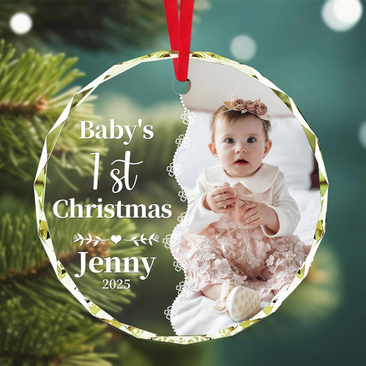 Personalized Christmas Ornaments 2025 with Photo & Text - Customized Crystal Glass Christmas Tree Decor Gifts for Family, Couples, Pets, Baby’s First Xmas – 6 Heart/Round Designs
