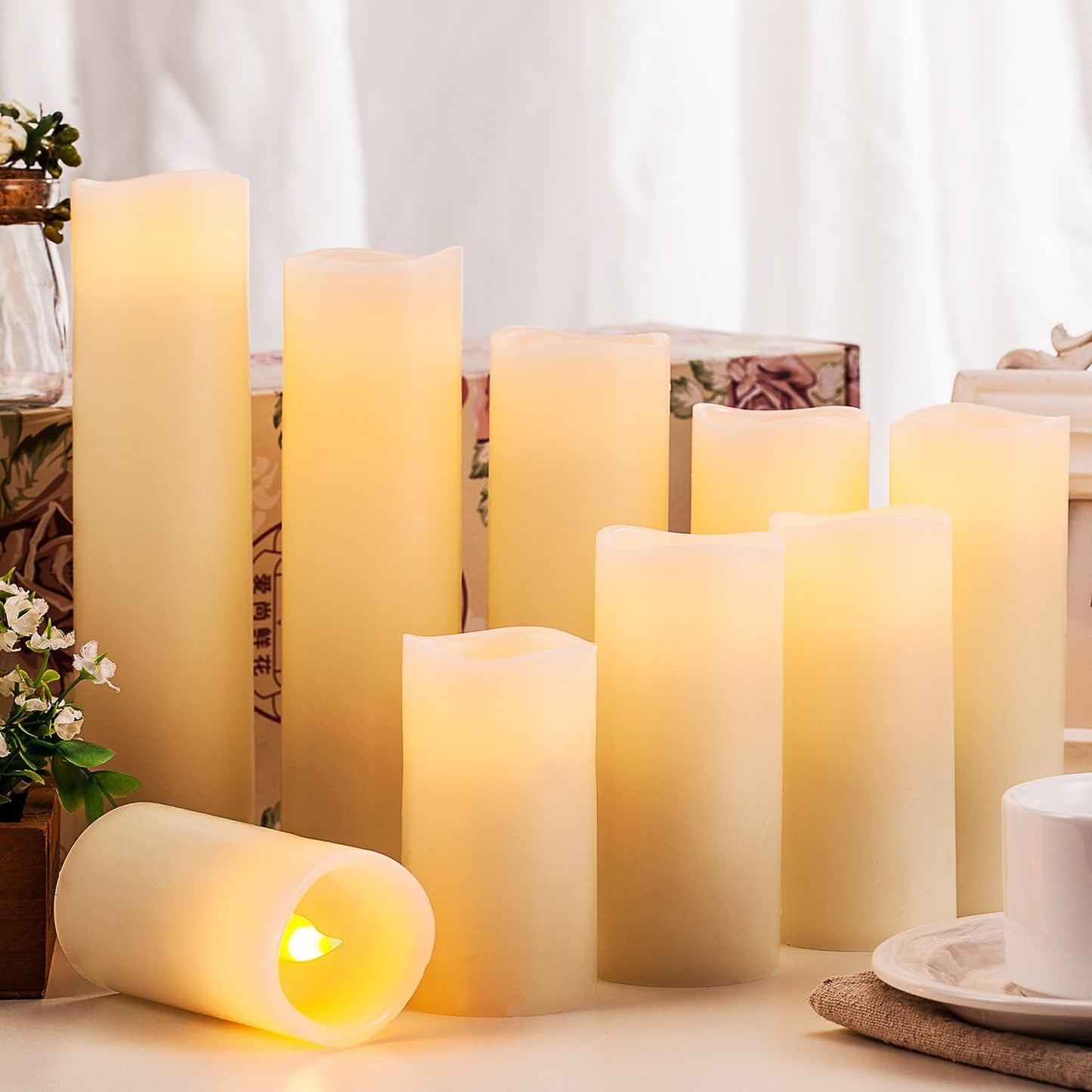 Flameless Candles Battery Operated Candles 4" 5" 6" 7" 8" 9" Set of 9 Ivory Real Wax Pillar LED Candles with 10-Key Remote and Cycling 24 Hours Timer