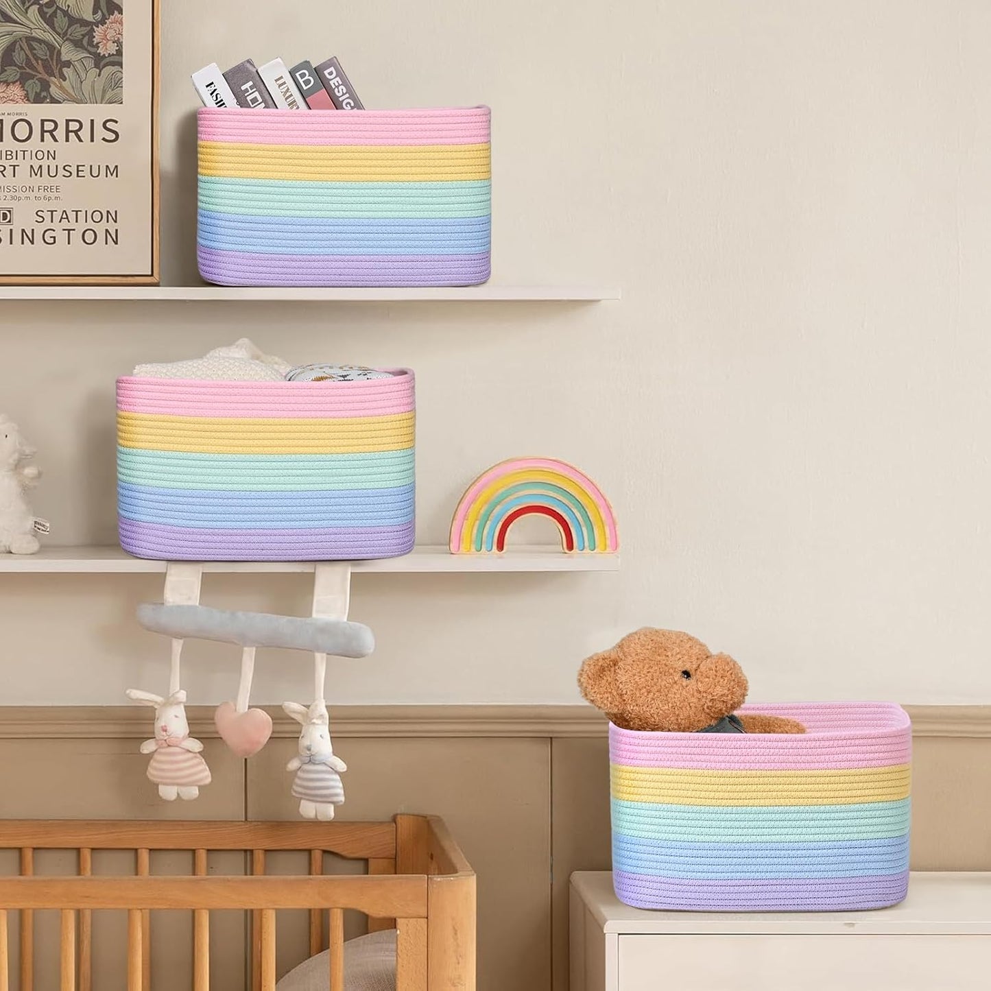 Shelf Baskets for Organizing, Woven Storage Basket for Shelves，Cotton Rope Storage Bins for Toys Books, Nursery Towel Baskets for Classroom, 14.96"X9.8"X8.85", 3-Pack Pastel Rainbow