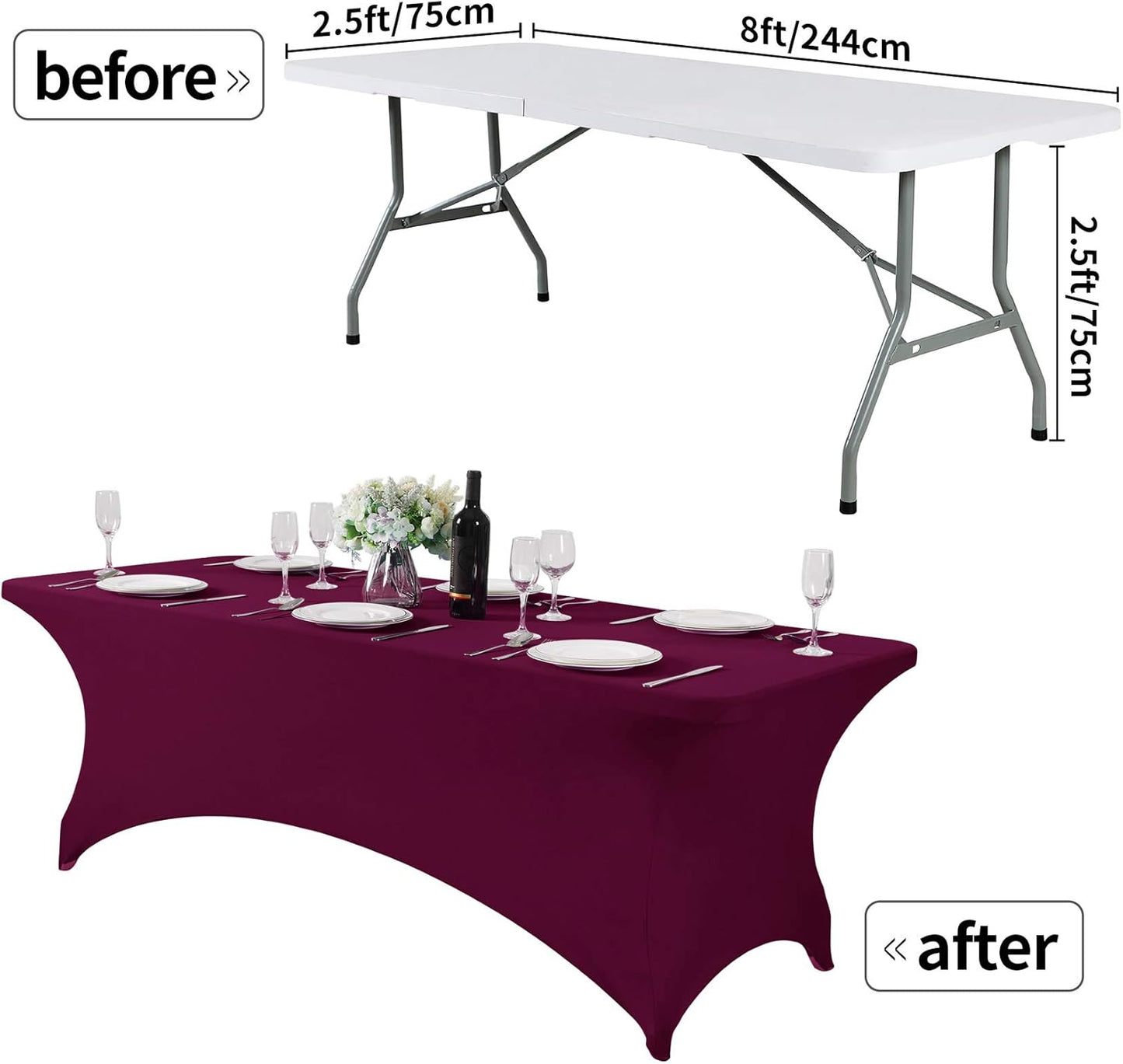 2Pack Spandex Table Cover for 8FT or 4ft or 6ft Table Universal Fitted Stretch Tablecloth for Party, Banquet, Wedding and Events-Burgundy
