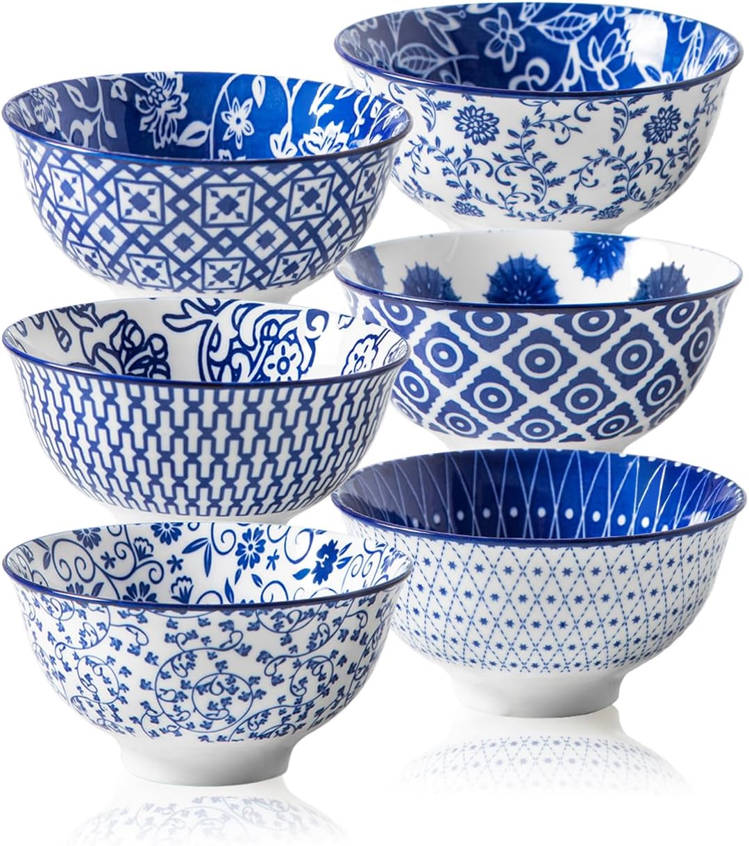 Ceramic Dessert Bowls Set - 12 Oz Small Cereal Bowls 4.75 Inch Ice Cream Bowl for Fruit, Snack, Dipping Sauce, Side Dishes - Microwave Dishwasher Safe - Set of 6 - Vintage Blue