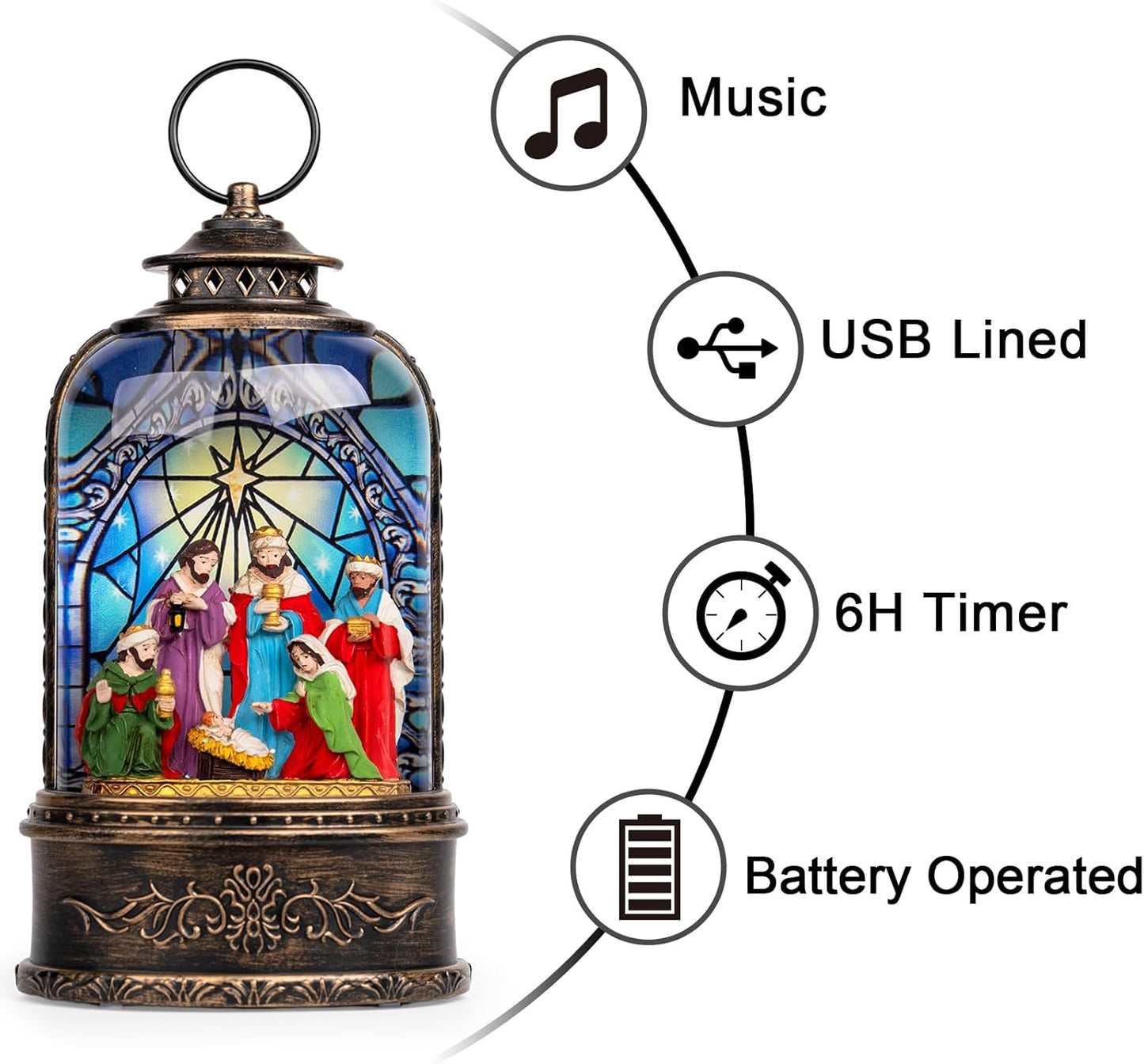 Christmas Snow Globe Swirling Glittering Nativity Scene with Music, USB Lined/Battery Operated Lighted Water Lantern for Christmas Festival Decoration Gifts