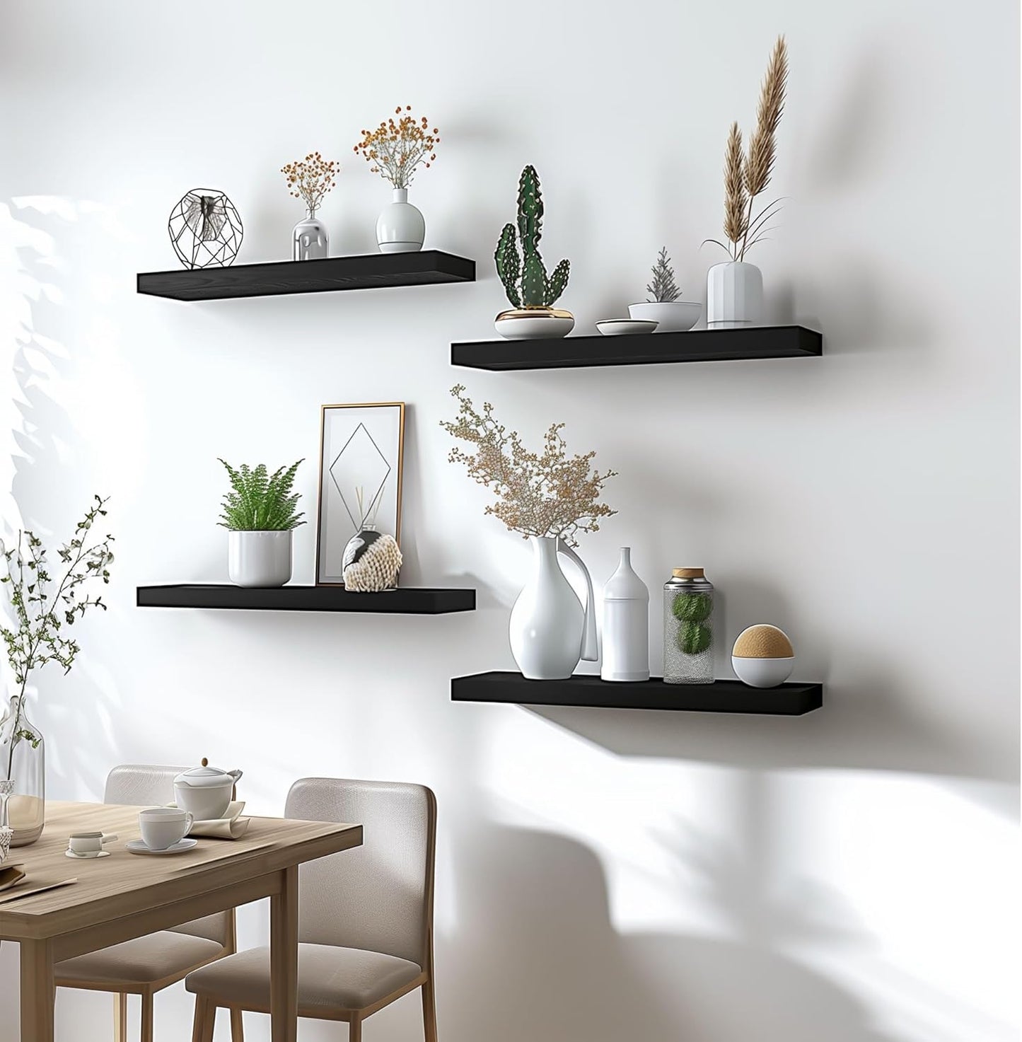 Wood Floating Shelves for Wall Decor, Rustic Wall Shelves for Bedroom Bathroom Kitchen Living Room, Set of 6 Black