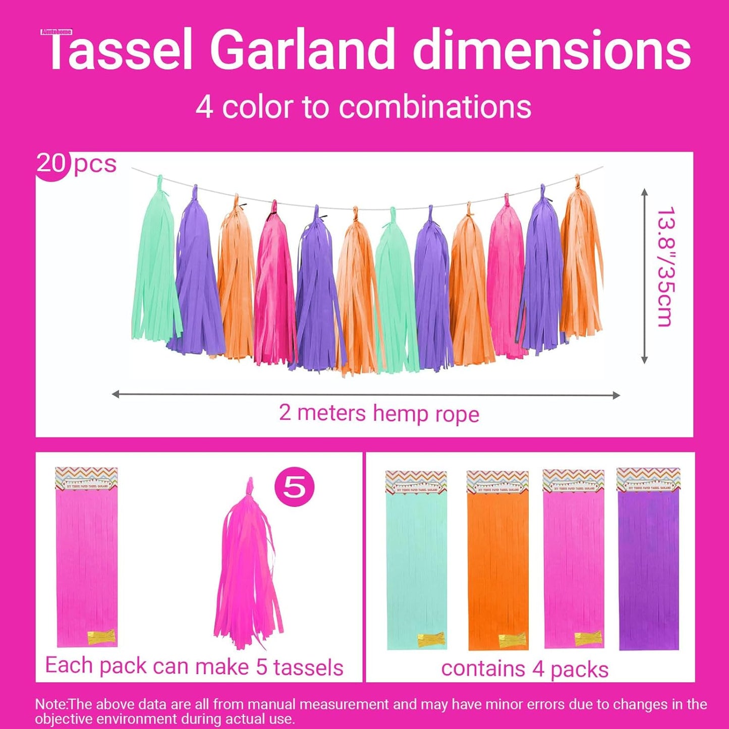 Tissue Paper Tassel Garland Banner, 20 Pack, Purple Blue Orange Pink, Pastel Party Decorations for Birthday, Baby Shower,Disco Them,Halloween
