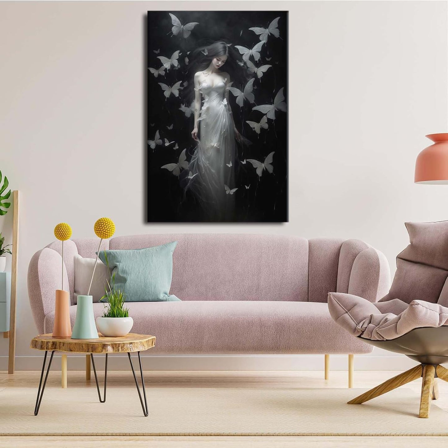 Vintage Gothic Feminine Canvas Wall Art Print Butterfly Poster Moody Female Wall Art Retro Artwork Dark College Decor for Home Bedroom16x24in Wood Framed
