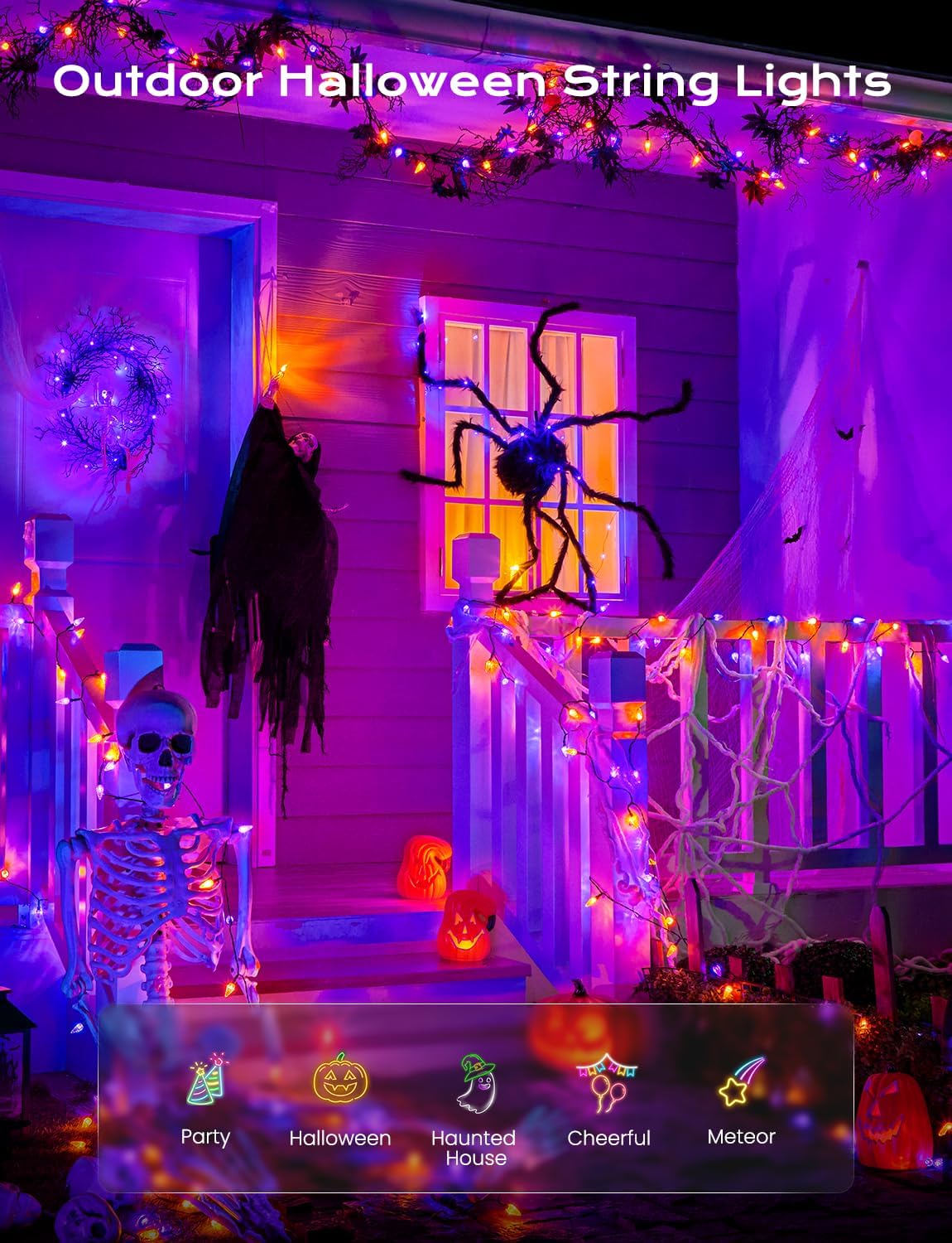 Brightown Solar Operated C6 Halloween Outdoor Lights, 22.64ft 50 LEDs Orange Purple Halloween Lights, Strawberry LED Fairy Lights, Solar Waterproof String Light for Tree, Garden Decor Outdoor