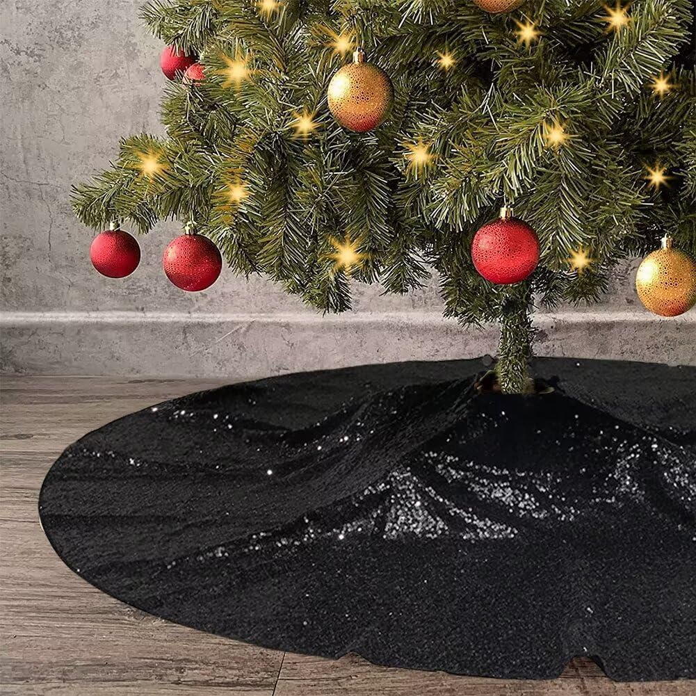 Eternal Beauty Christmas Tree Skirt, 70 Inch Black Halloween Sequin Tree Skirt Small Xmas Tree Skirt for Christmas Tree Decorations
