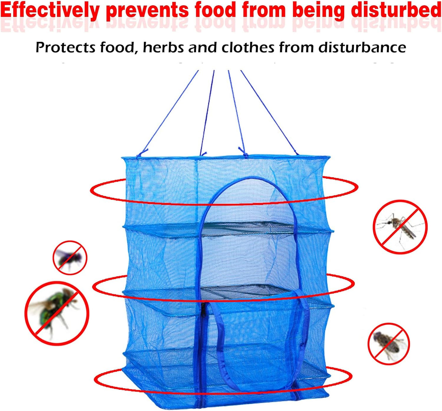 Drying Rack 4 Layers Folding Mesh, Foldable Nylon Netting, Hanging Drying Net, for Shrimp, Fish, Fruit, Vegetables, Herb, with Zipper Opening - Blue (25.59X13.78X13.78 in)