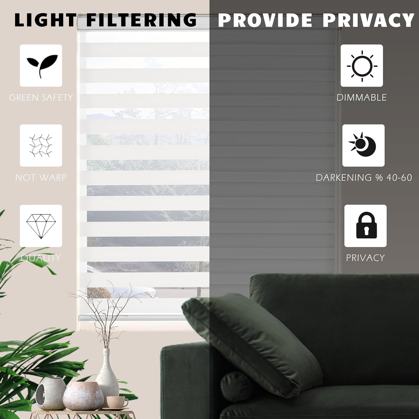 Zebra Blinds for Windows Dual Layer Light Filtering Privacy Free-Stop Sheer Shades Light Control for Indoor Windows Zebra Shades for Living Room(75" W X 72" H, White)