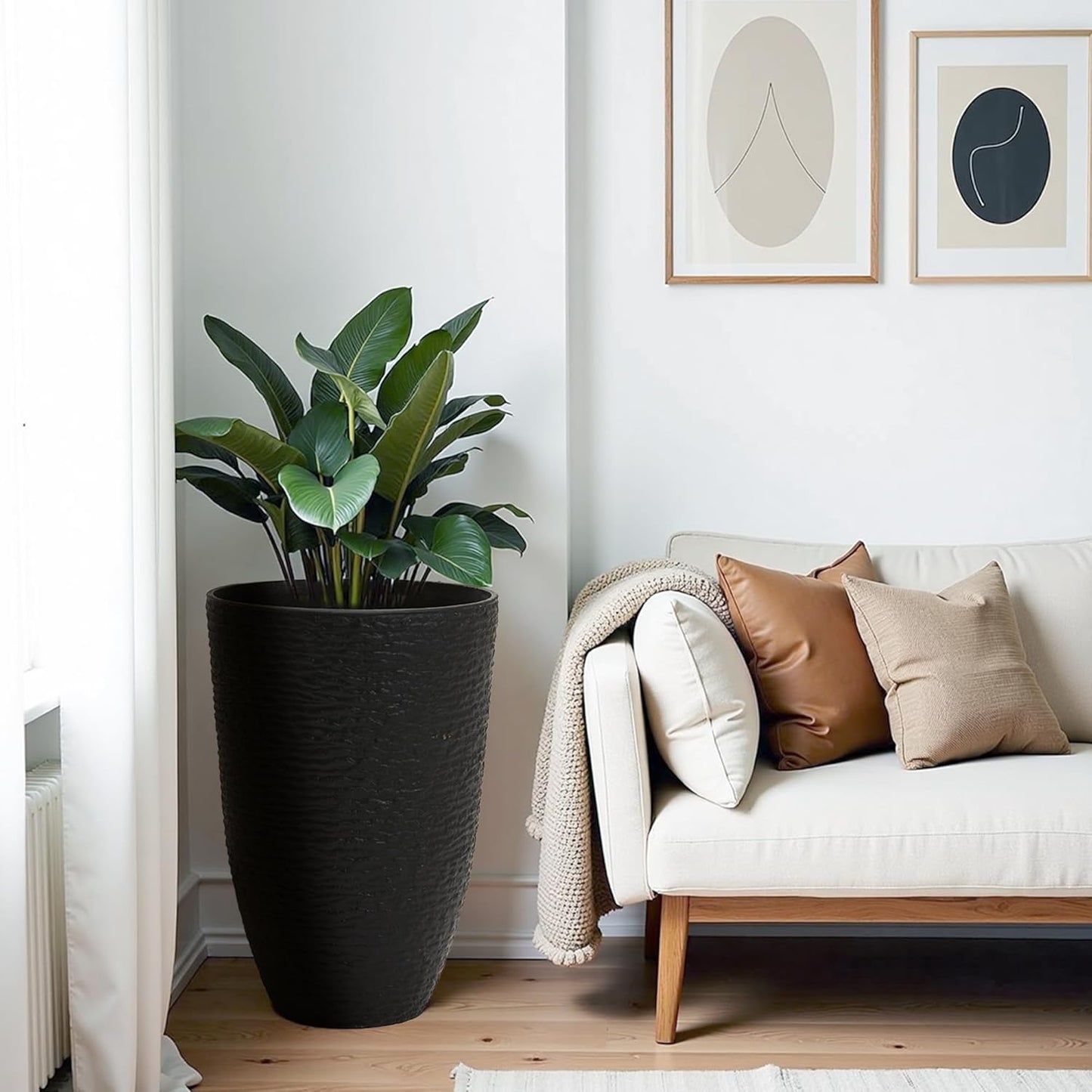 WORTH Garden 21" H Tall Planters 2 Pack - 14'' Dia Resin Large Round Black Flower Pots for Outdoor Plants Trees - Imitation Stone Finish Plastic Indoor Front Porch 9 Gallon Decorative Container Patio