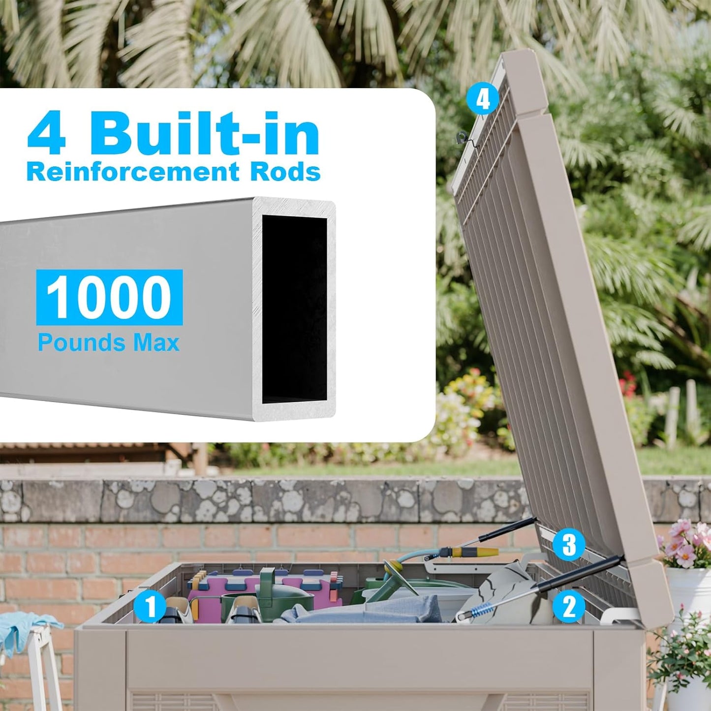 Vixzen 260 Gallon Resin Deck Box, Lockable Outdoor Storage Box for Patio Cushions Storage Furniture,Garden Tools, Pool Supplies, Weatherproof and UV Resistant- Grey