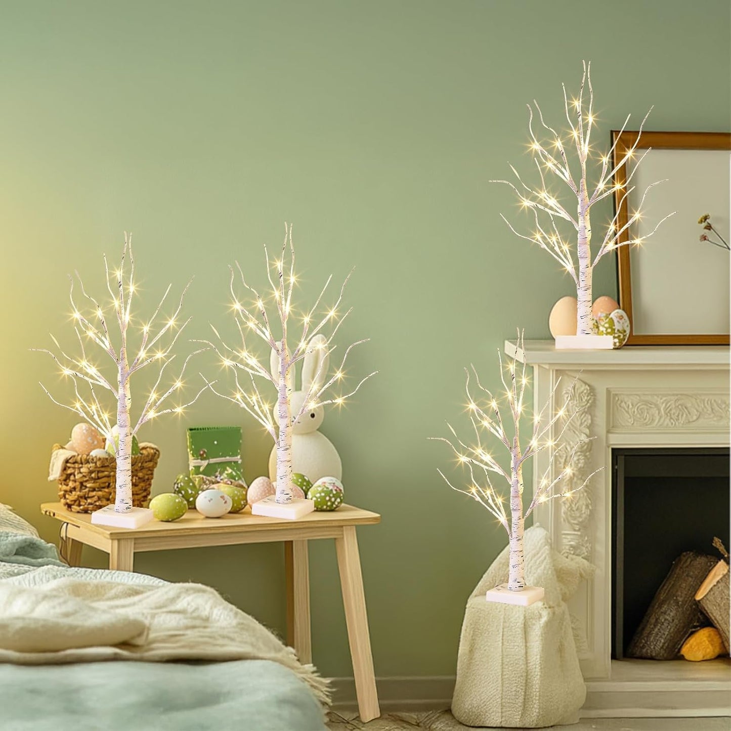 EAMBRITE Home Decorations Light Up White Birch Tree Indoor Christmas Decor, 4 Pack Battery Operated/USB Lighted Tabletop Money Tree Lamp Led Lights Easter Wedding Centerpiece Table Room (2 Ft)