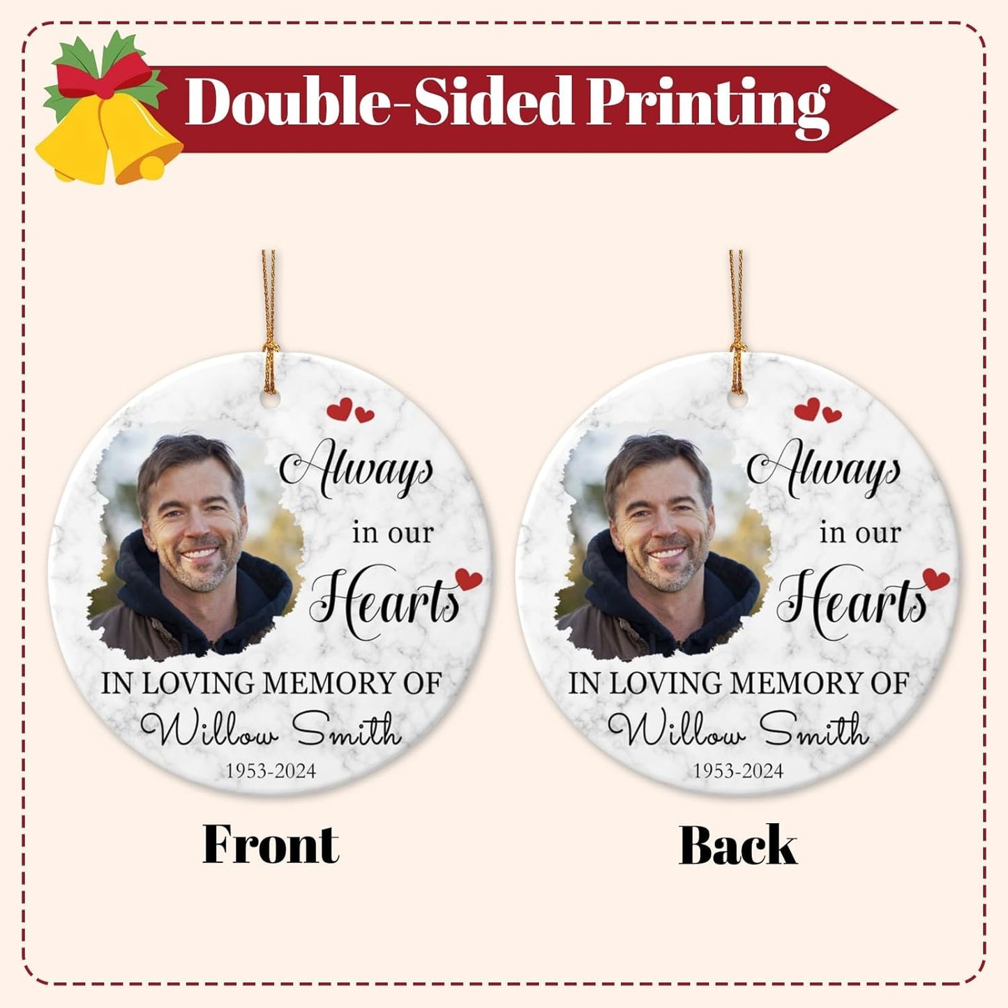 Personalized Memorial Christmas Ornaments 2025 w/Photo & Name, Custom Memorial Gifts for Lost Loved One,Double-Sided Ceramic Customized Xmas Ornaments for Christmas Tree