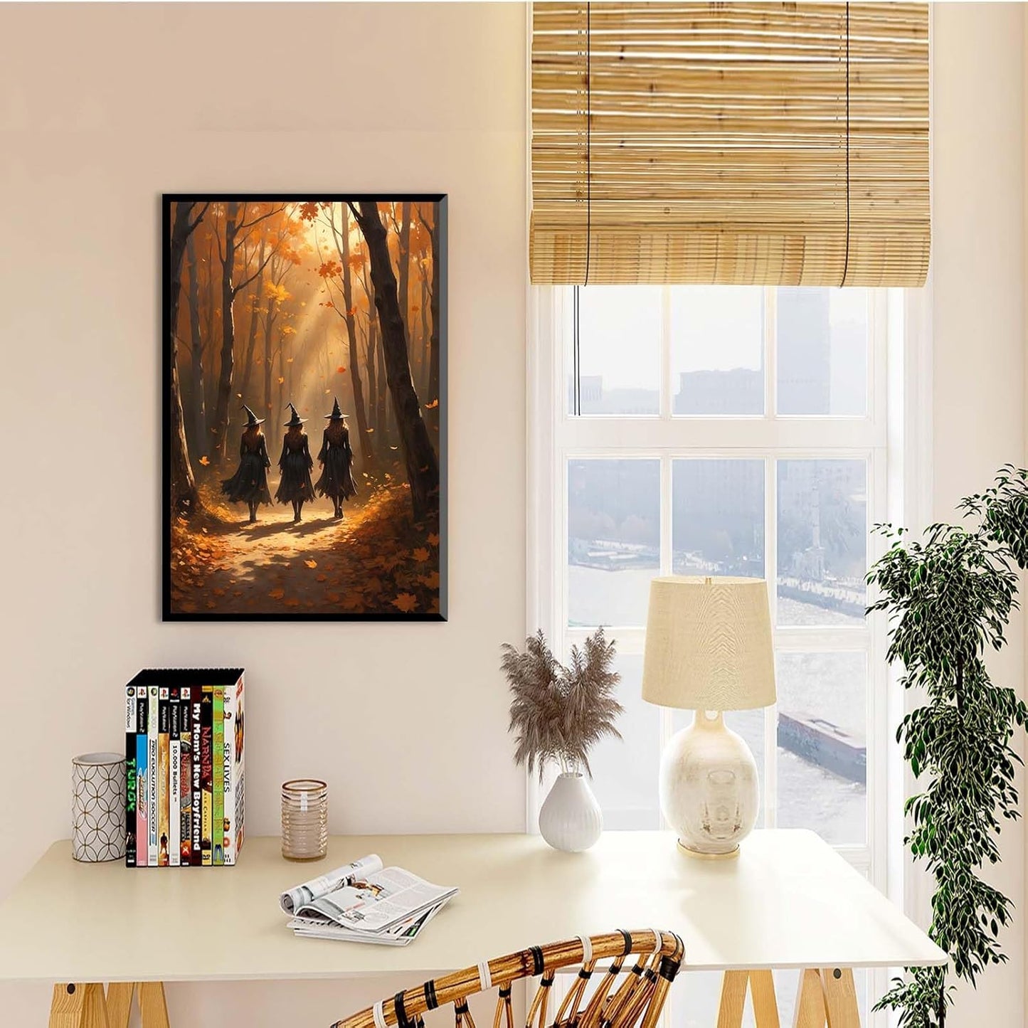 JFHCQJPK Three witches walking in the forest in autumn canvas painting gothic poster halloween print country witch wall art for home decoration24x36in Metal blackFramed