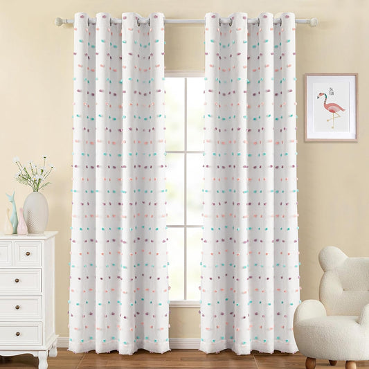 MYSKY HOME White 100% Blackout Curtains for Bedroom 72 Inch Long Light Blocking Drapes for Kids Room Thermal Insulated Room Darkening Curtains with Rainbow Pom Pom Sheer Grommet Set of 2, 52W x 72L