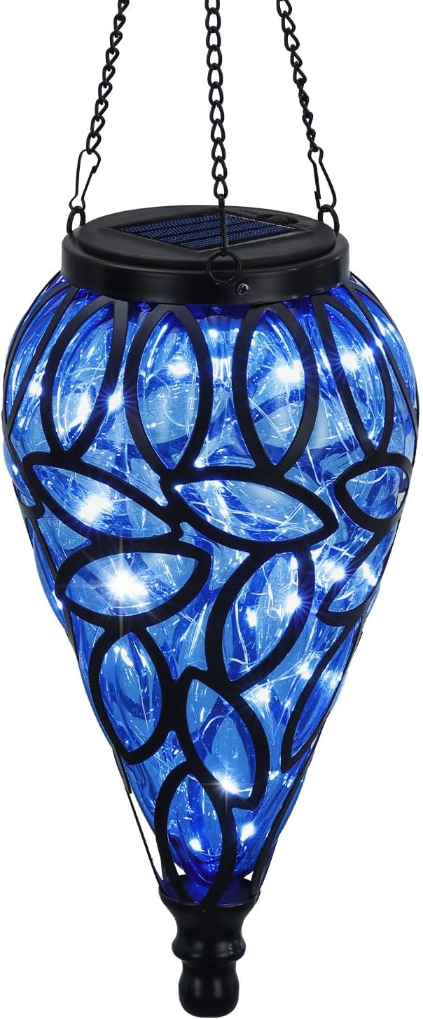 SUNNYPARK Outdoor Plastic Solar Hanging Lantern, 15 Cool White LEDs Twinkle Effect Tear-Shaped Hanging Lantern Decor Garden Decorative Solar Lights for Backyard, Patio and Lawn