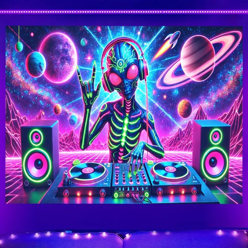 BlissYard Aliens Tapestry 78x59 Inch Blacklight DJ Aliens Tapestry Alien Tapestry for Men Guys Bedroom UV Reactive Alien Wall Tapestry Hanging Art Tapestry Room Decor Aesthetics Party Poster Banner