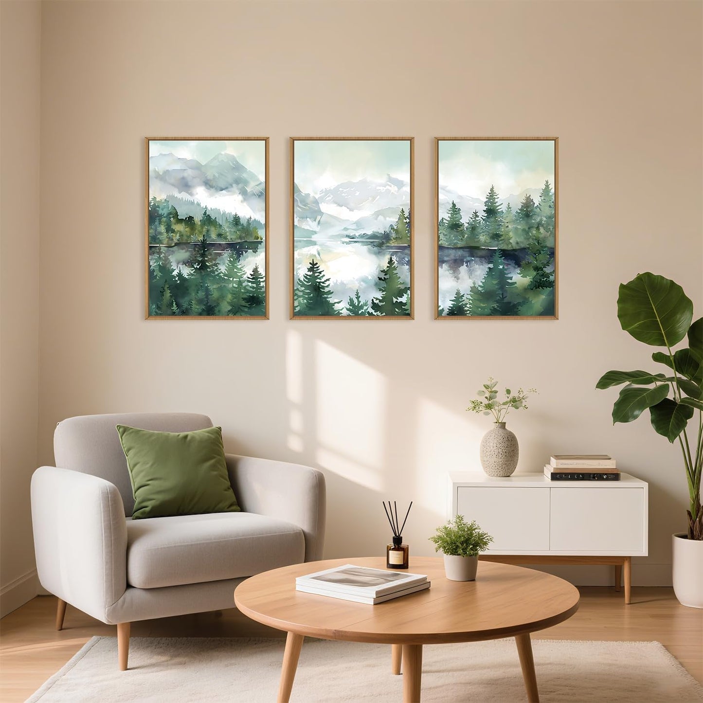 Celestdeco Watercolor Mountain Framed Canvas Wall Art Set, Boho Forest Wall Decor, Nature Green Pines Wall Painting, Forest Wilderness Artwork for Living Room, Bedroom, Dining Room, Office - 24"x36"x3