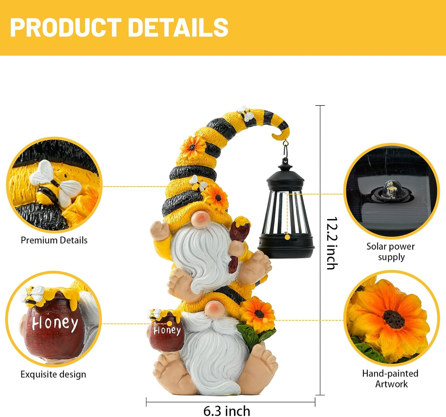 Solar Bee Garden Gnomes with LED Lantern – Waterproof Stacked Outdoor Decor for Yard, Patio – Unique Gnome Gift for Mom, Grandma, Women (Weatherproof Resin Outdoor Statues)