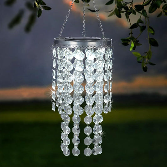 Hanging Solar Lantern Outdoor, 2 Tiers 21” Solar Transparent Acrylic Beaded Chandelier with Cool White LED S Hooks for Garden Yard Patio Gazebo Outside Decor
