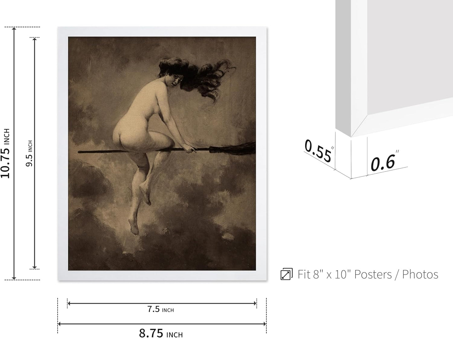 Poster Master Vintage Albert Joseph Penot Poster - Retro Halloween Print - Gift for Artist, Friend - Departure for the Sabbath, Naked Witch on Broom - Wall Decor for Bedroom, 8x10 White Framed