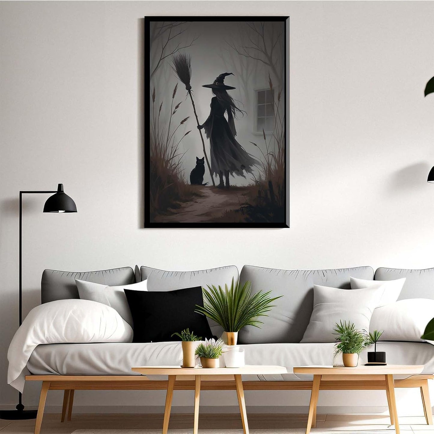 JFHCQJPK Vintage forest witch and black cat poster Halloween mural poster decoration mural art magic suitable for home living room bedroom8x12in Metal blackFramed