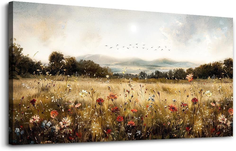 KELIYUAN Canvas Wall Art For Kitchen Dining Room Vintage Decor, Lawn Paintings With Flowers Wall Decor Prints Home Office Living Room Bedroom Decoration Home Decor, Can Be Hung Directly 20 "X 40"