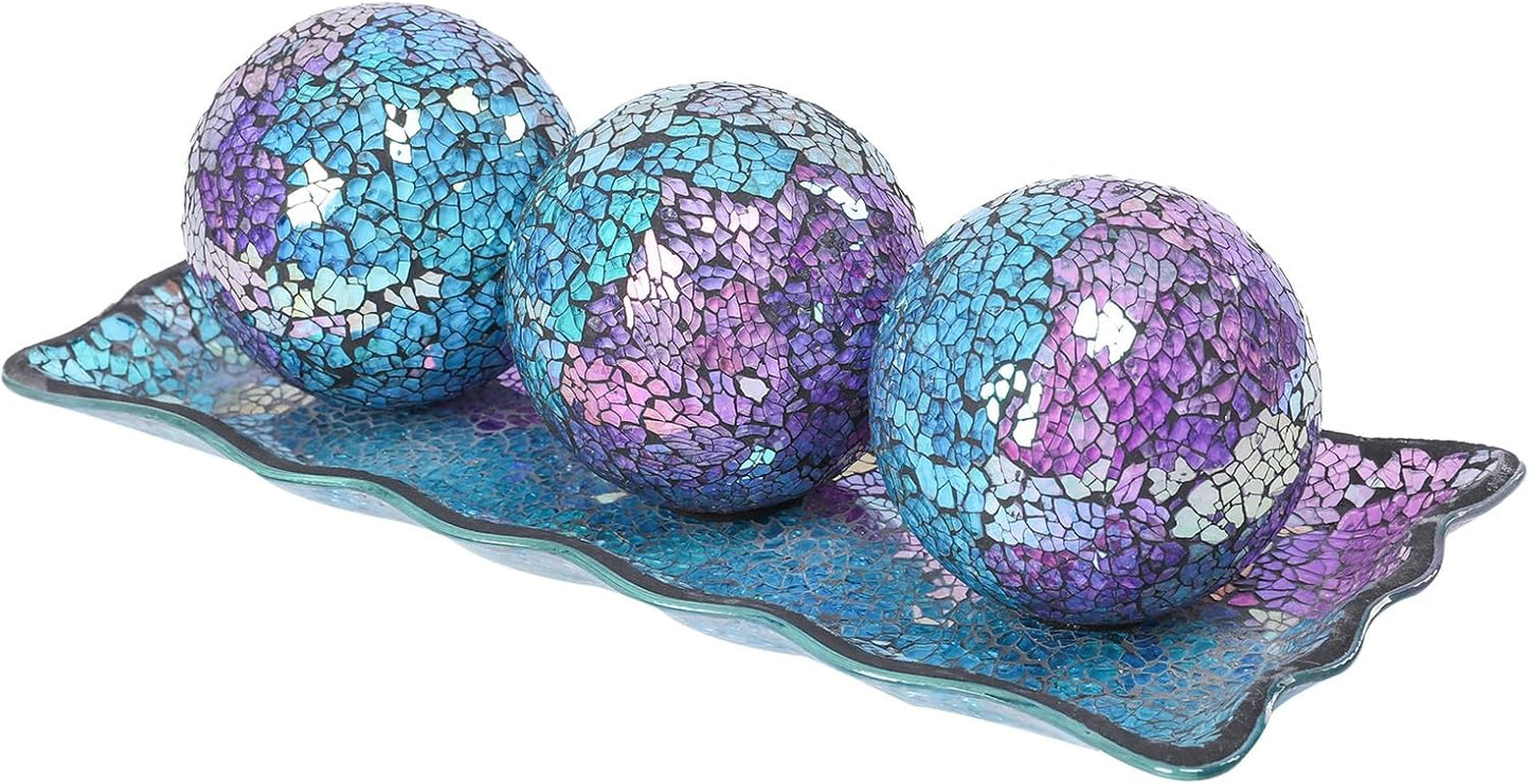 VCUTEKA Decorative Balls and Glass Bowl, 4 Inch Mosaic Sphere Balls Centerpiece Balls for Coffee Table, Home Decor, Wedding Party Decor, Purple