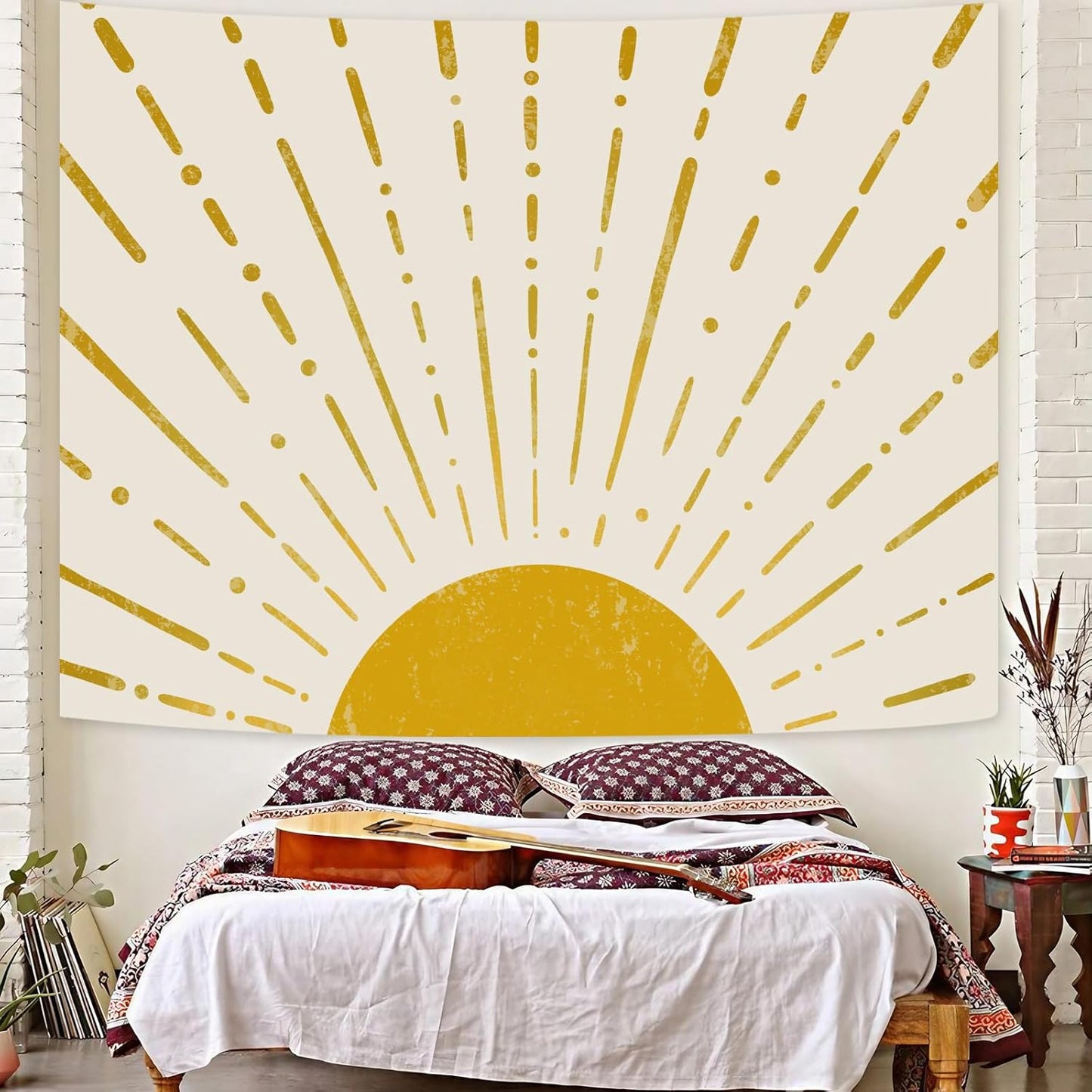 Kanuyee Gold Boho Burning Sun Tapestry Wall Hanging, Retro 70s Abstract Vintage Geometric Line Sunrise Tapestries for Bedroom Living Room Backdrop 60×80 inch