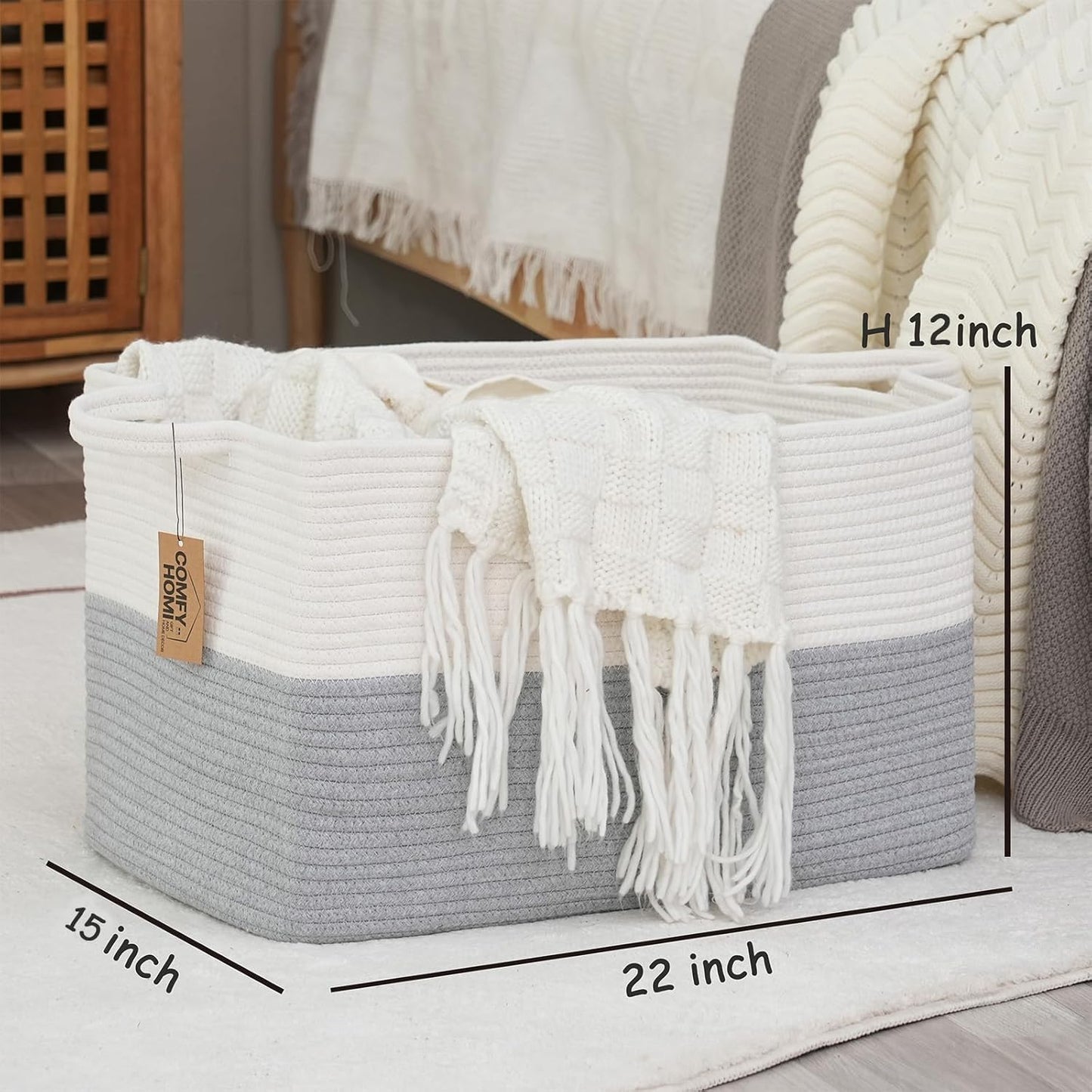 COMFY-HOMI Large Rectangle Laundry Storage Basket | Cotton Rope Woven, Organizing with Handle | Dirty Cloth & Baby Shower Basket | 22x15x12' - White/Grey