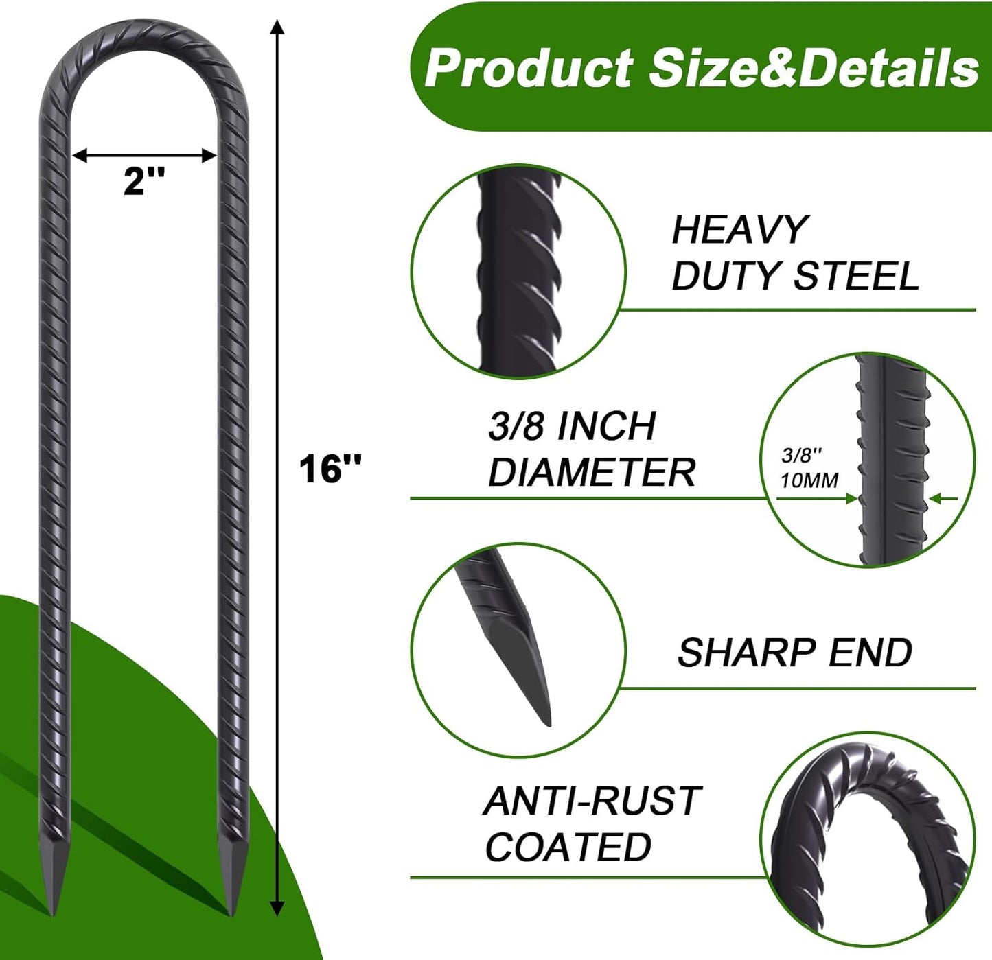 AAGUT 16 Inch 8 Pcs Rebar Trampoline Stakes 3/8" Extra Heavy Duty Metal Steel High Wind Ground Anchors Galvanized U Shaped Hook for Camping Tent Round Chisel Point End Black Powder Coated