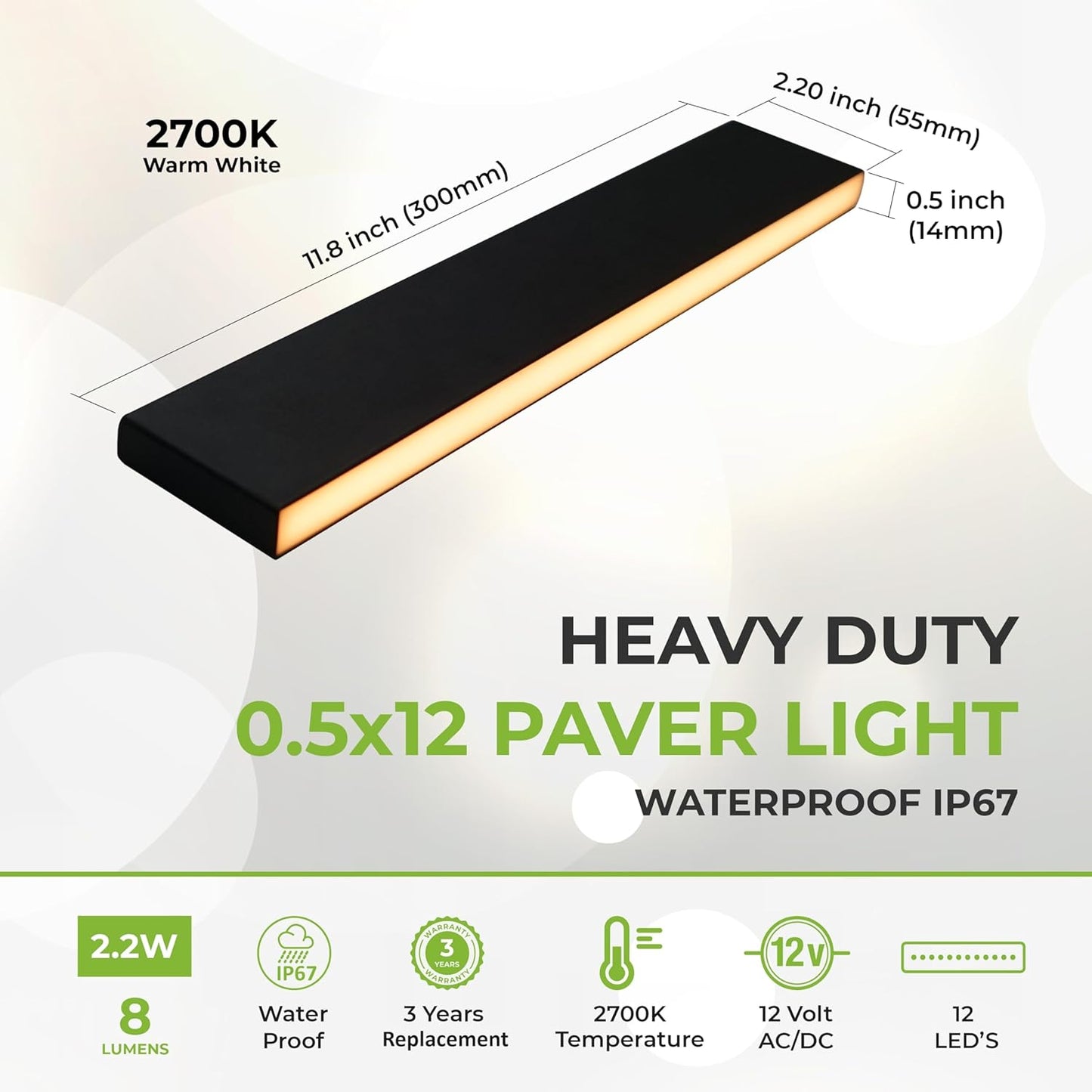 LUMENGY Paver Light Slim 0.5x12 Inch (0.55 x 11.8) Glare-Free Steel Lighting for Pavers, Brick, Walls, Driveways, Walkways & Pathways, 2700K Warm White, Waterproof, Drive-Over, Weird 12V AC/DC