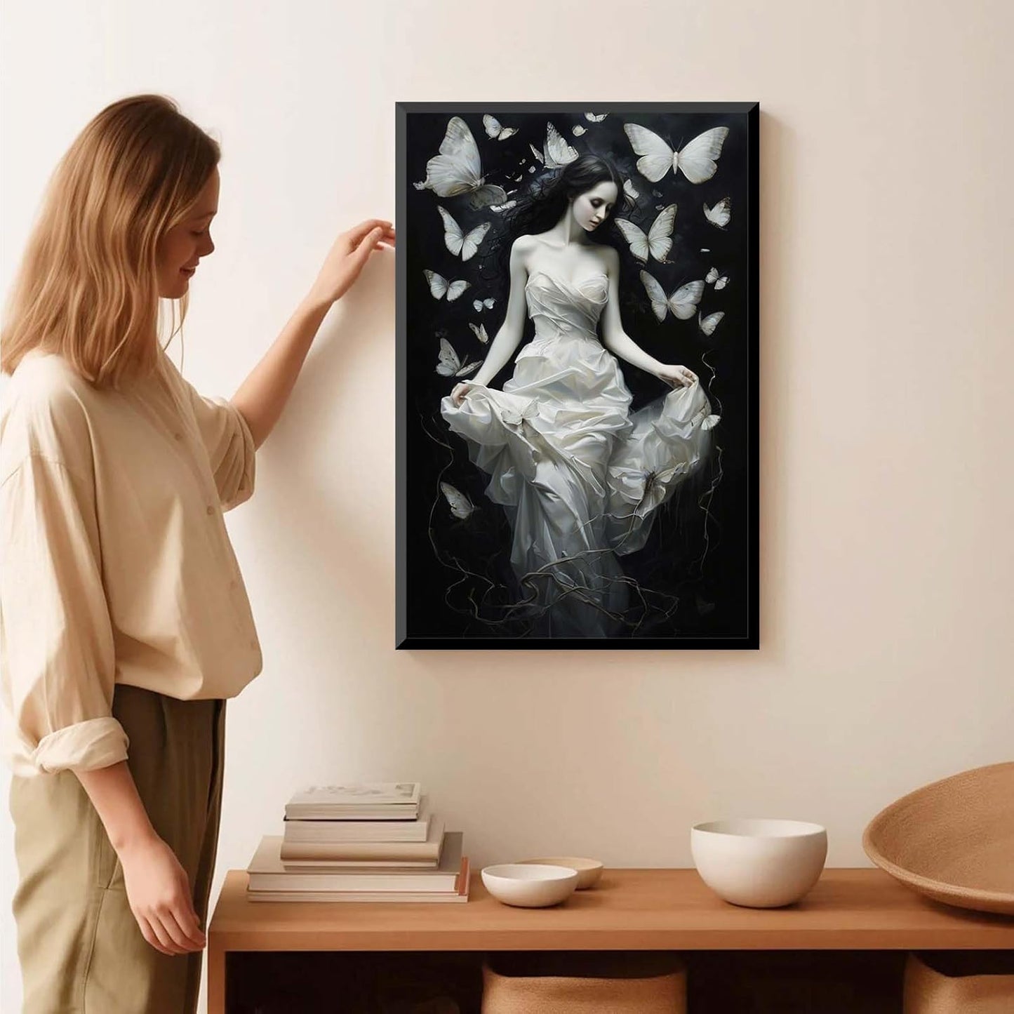 JFHCQJPK Vintage Gothic Feminine Canvas Wall Art Print Butterfly Poster Moody Preppy Wall Art Dark College Decor for Home Bedroom24x36in Metal blackFramed