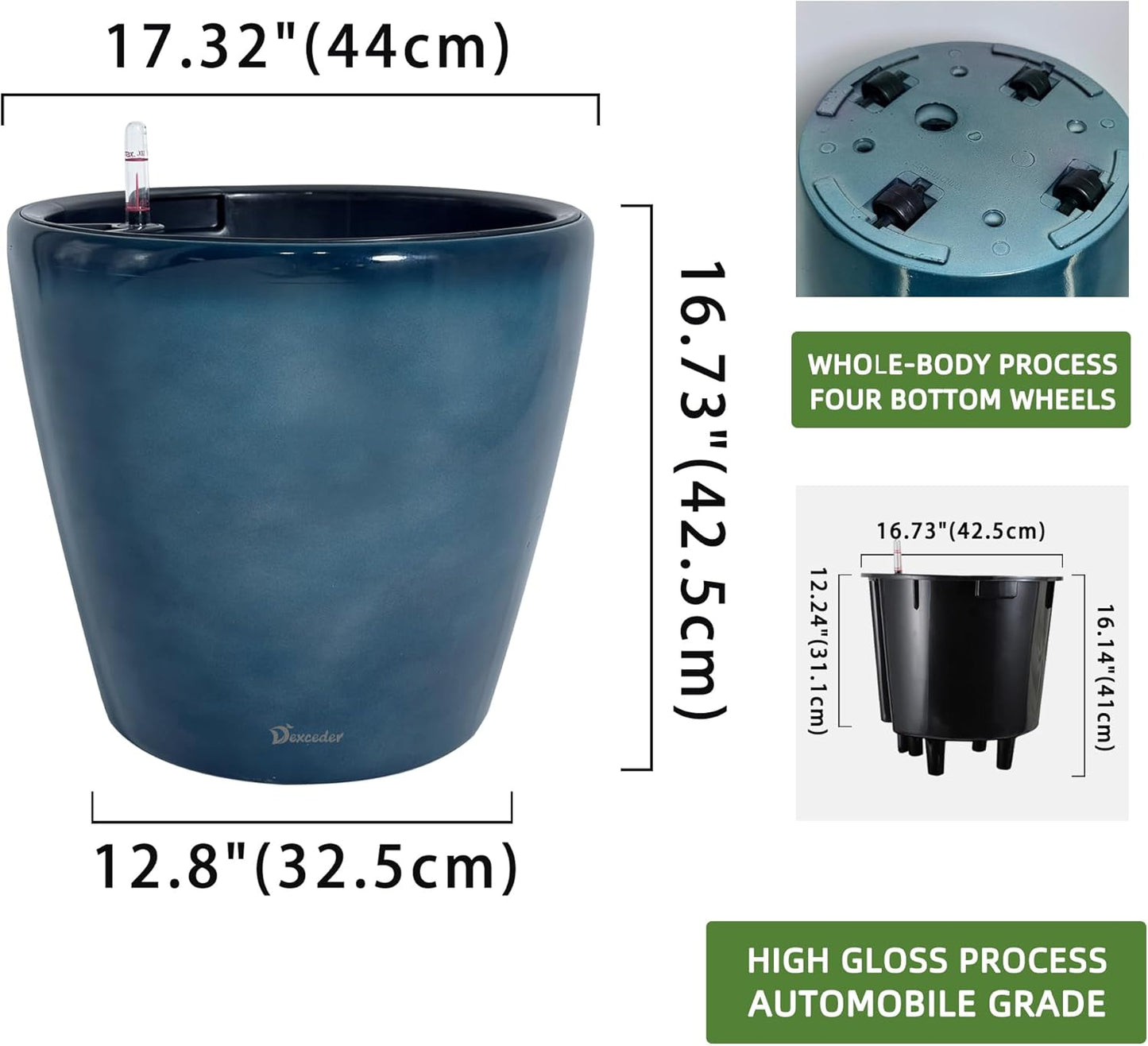 Dexceder 18x17 Self Watering Planter with Wheels Indoor Outdoor, Inner Pot Design, Thickened Large Floor Standing Flower Plant Pot with Water Level Indicator (Grayish Green Gradient)