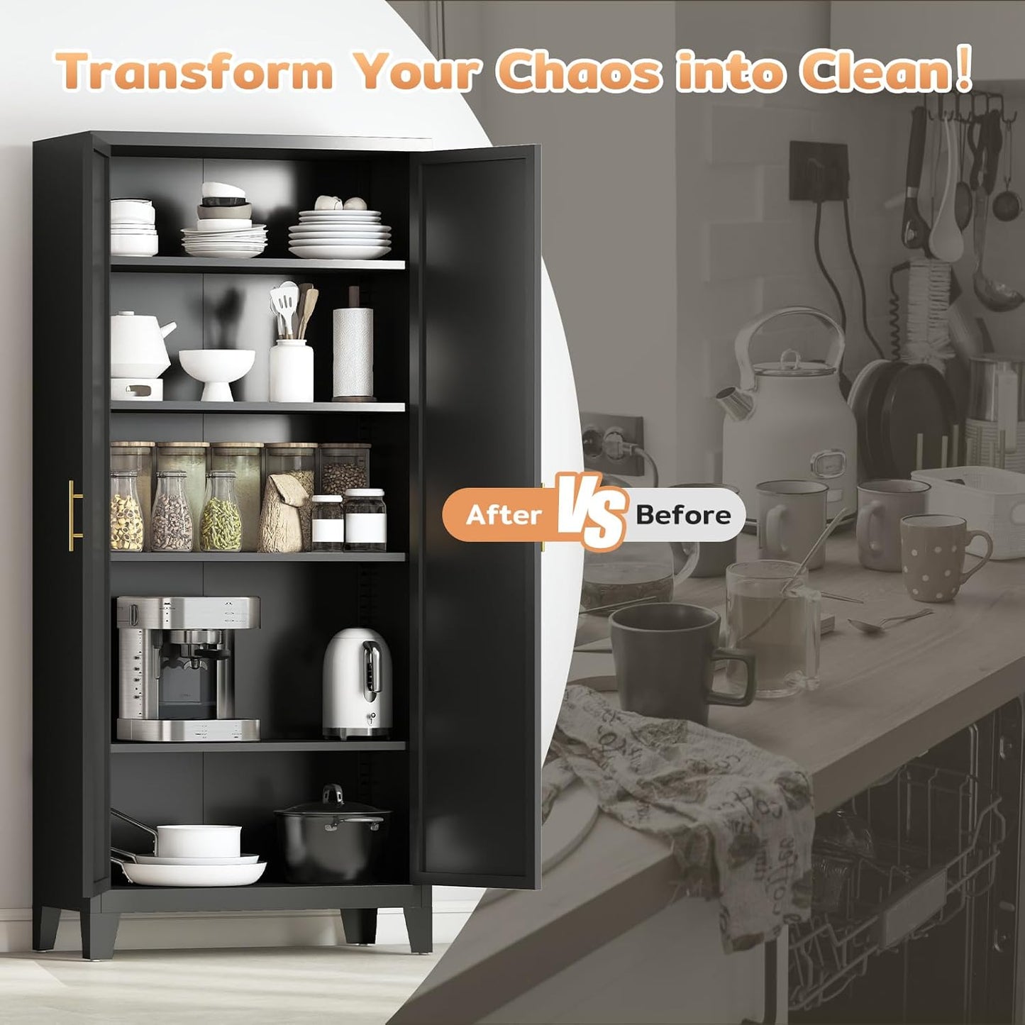 70.87" H Metal Kitchen Pantry Cabinet, Freestanding Cupboard with 2 Doors and 4 Adjustable Shelves, Tall Metal Storage Cabinet for Kitchen, Bathroom, Dinning Room or Laundry Room （Black）