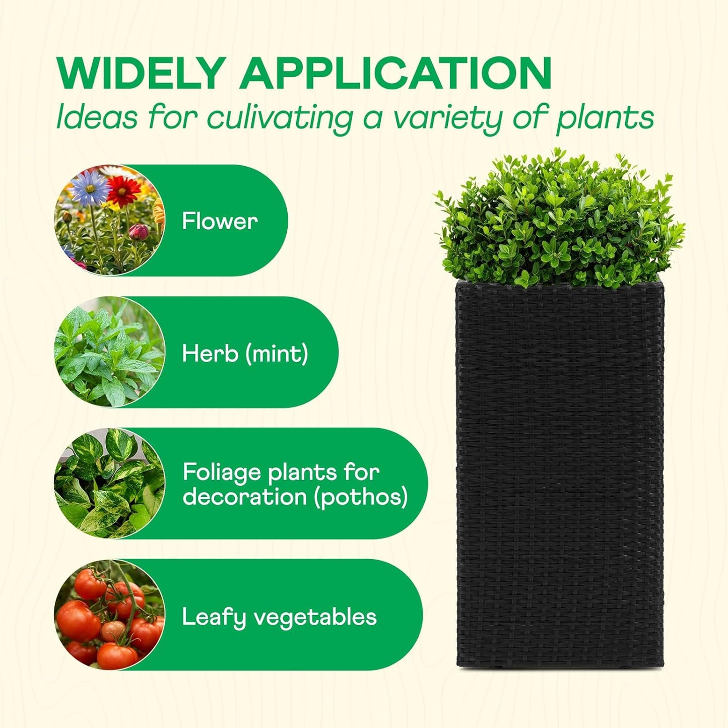 IDZO All-Weather Wicker Planters, Set of 2, 24 in Tall Wicker Planters, Self-Watering with Drainage, Durable PP Material, Raised Garden Bed Alternative, Indoor Outdoor Use, Modern Rattan Design