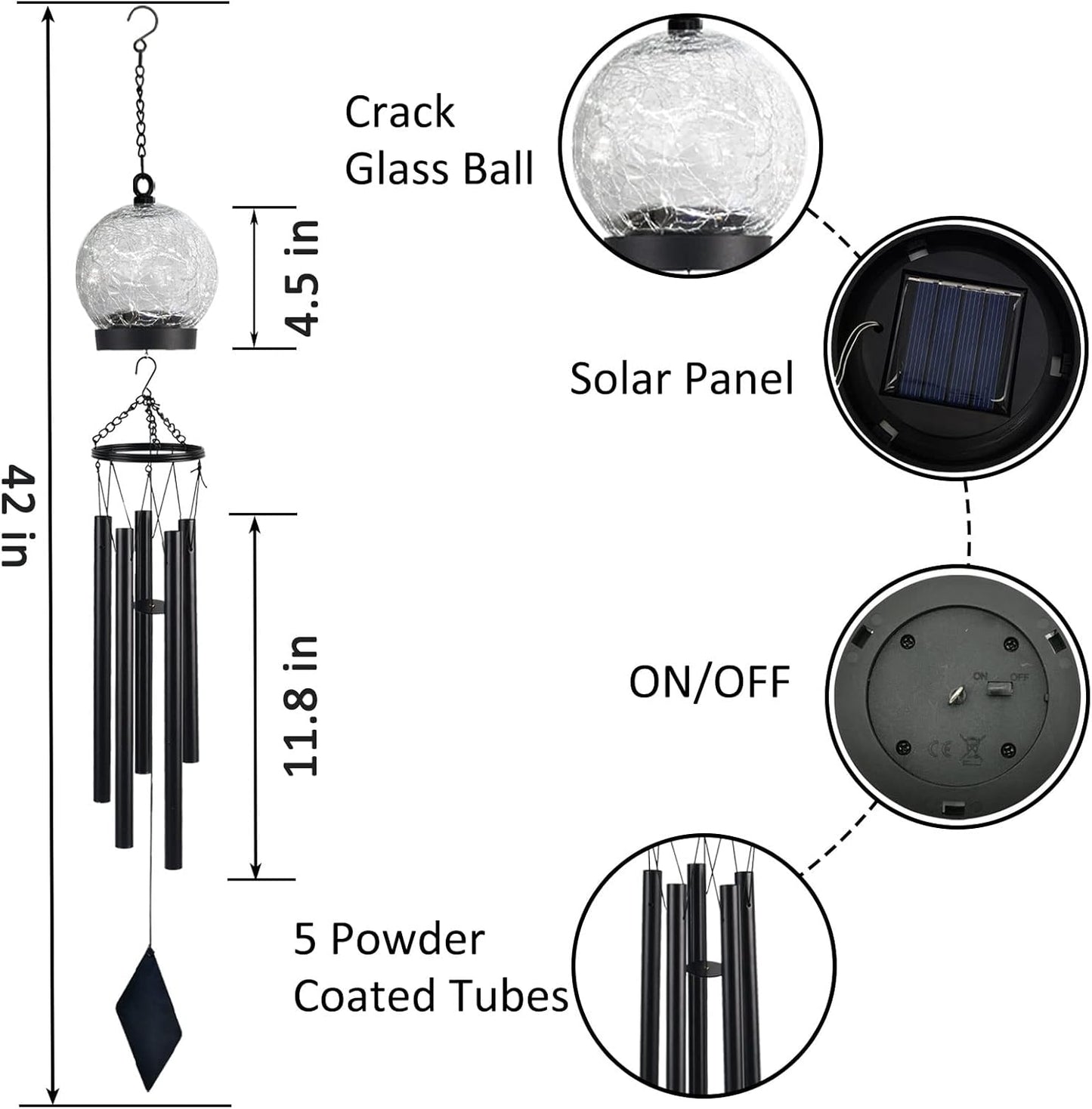 Wind Chimes Outdoor Solar Lights, 42 Inch Large Sympathy Chime 15 Blue LEDs Crackled Glass Ball Birthday Gifts for Women Decorative Hanging in Garden, Yard, Patio, Landscape