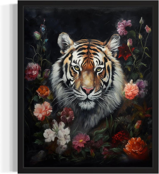 Tiger and Flower Poster Art Print, Halloween Scary Vintage Wall Art Academia Spooky Painting Decoration for Horror Prints, Gothic Posters Bedroom Decor 89 (Tiger and Flower, 8 x 10 inches, Unframed)