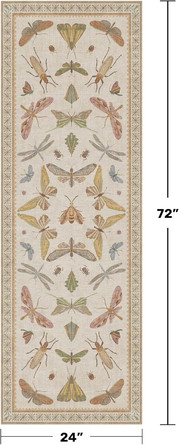 Boho 2x6 Bathroom Runner - Long Rug Runner for Laundry Room, Kitchen, Washable Non Slip Soft Stain Reistant Beige and Yellow Neutral Insect Design Decor