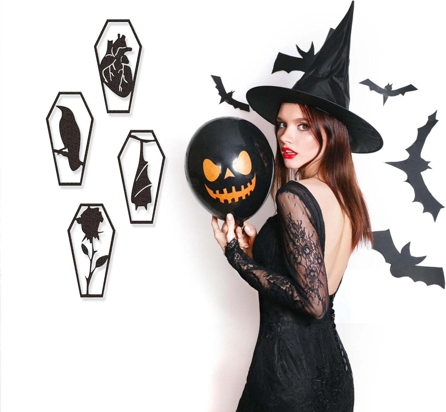 YATEASLU Gothic Coffin Wall Decor Set of 4 Metal Heart, Crow, Bat, Rose Sculptures for Gothic Home Decor, Bathroom, Kitchen, Office - Spooky Halloween Wall Decor with Screws