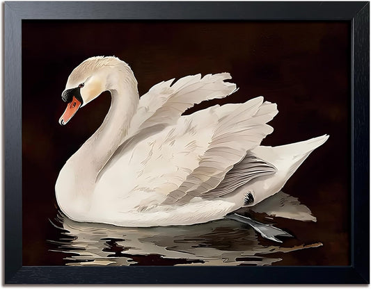 Black Wood Framed Wall Art Canvas Print Home Decor, Vintage Swan Aesthetic Wall Decor Photo, Classical Grace Swan Bathroom Prints Painting for Living Room Bedroom Office Decor 12x16 Inch