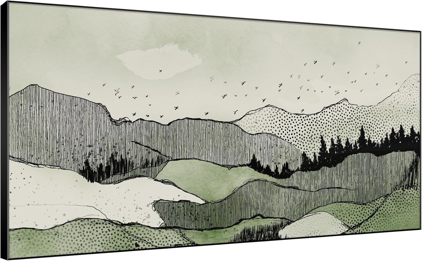 SIGNWIN 36"x72" Extra Large Framed Wall Art Green Line Art Mountain Landscape Illustration for Home Living Room Bedroom Decor (Frame Assembly Required)