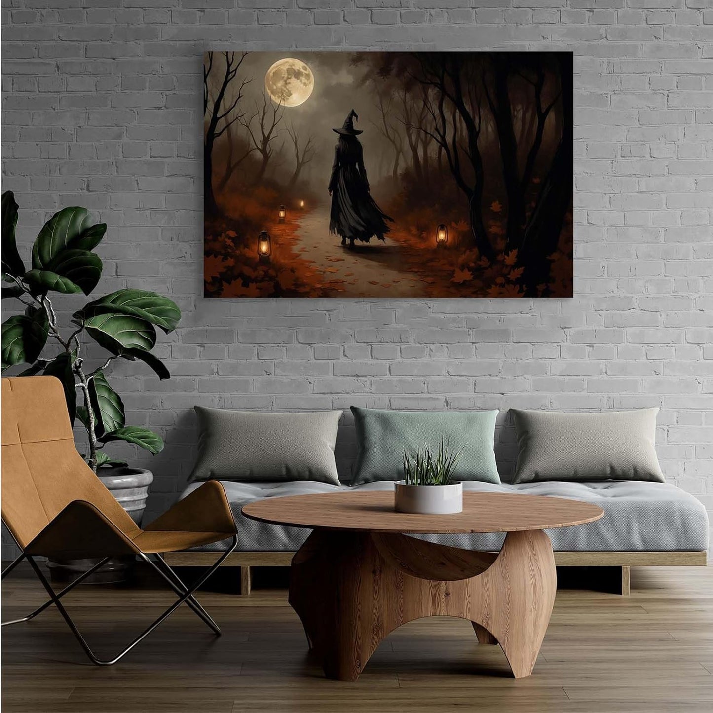 Moonlight witch poster dim lantern Halloween decoration Gothic style dark retro college style canvas wall art suitable for living room bedroom12x16in Wood Framed