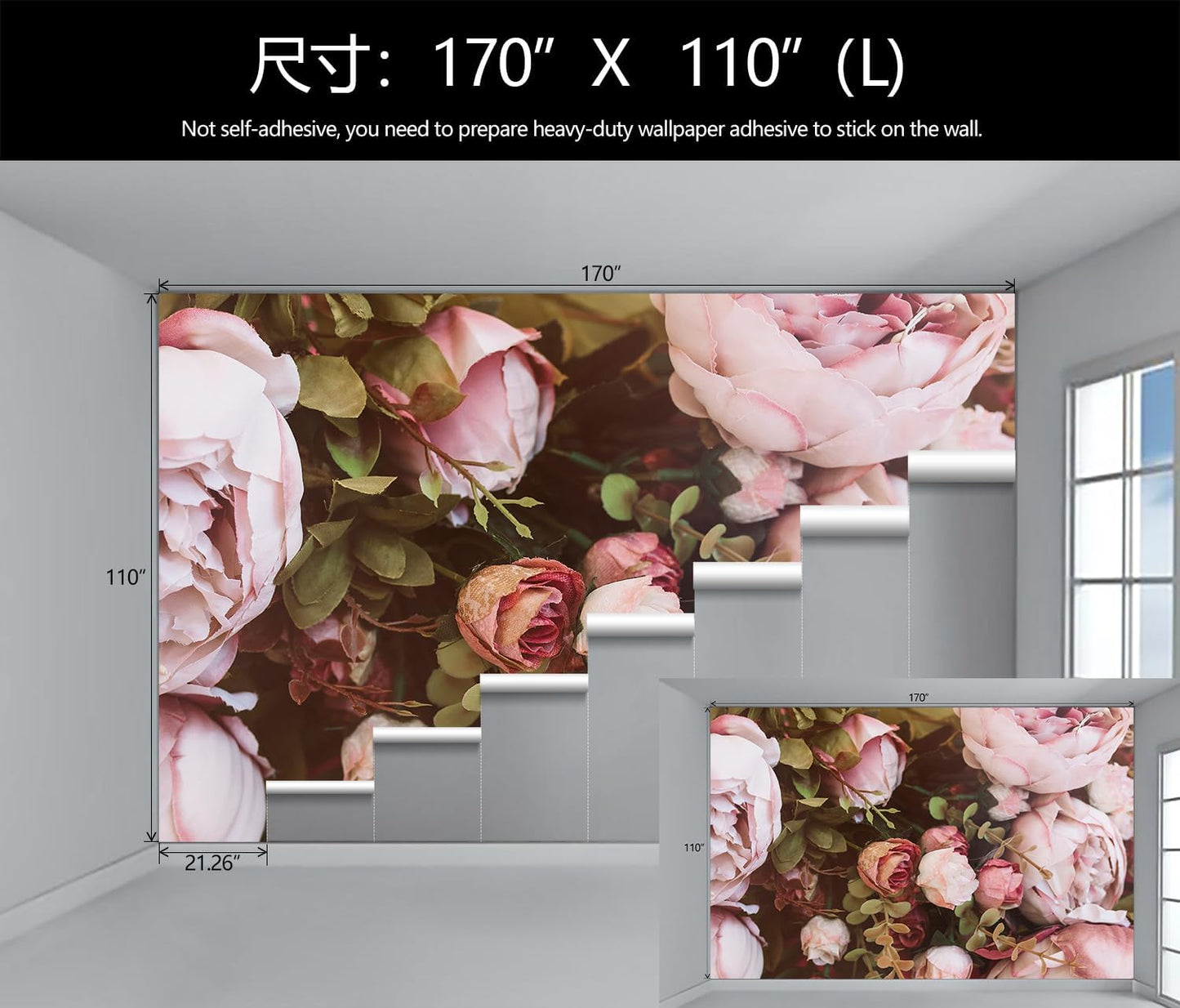 Large Peony Floral Wallpaper Girls Bedroom Pink Rose Flower Wall Mural (Not Peel and Stick)