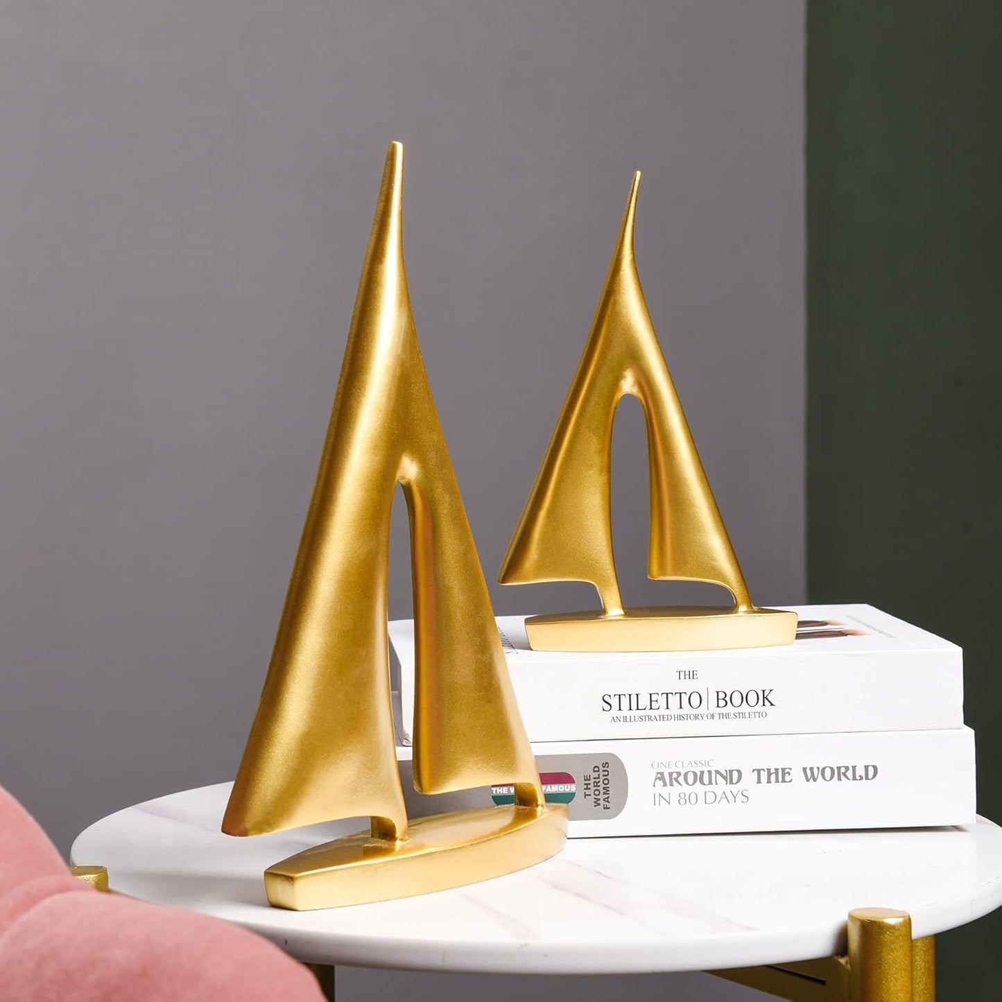 Modern Sculptures Home Decor, Gold Sailboat Decor Ornament, Boat Decorations Statue Decor, Art Sculptures and Statues, Sailboat Gifts Home Office Bathroom Shelf Decor Nautical Decor (2 Pack)