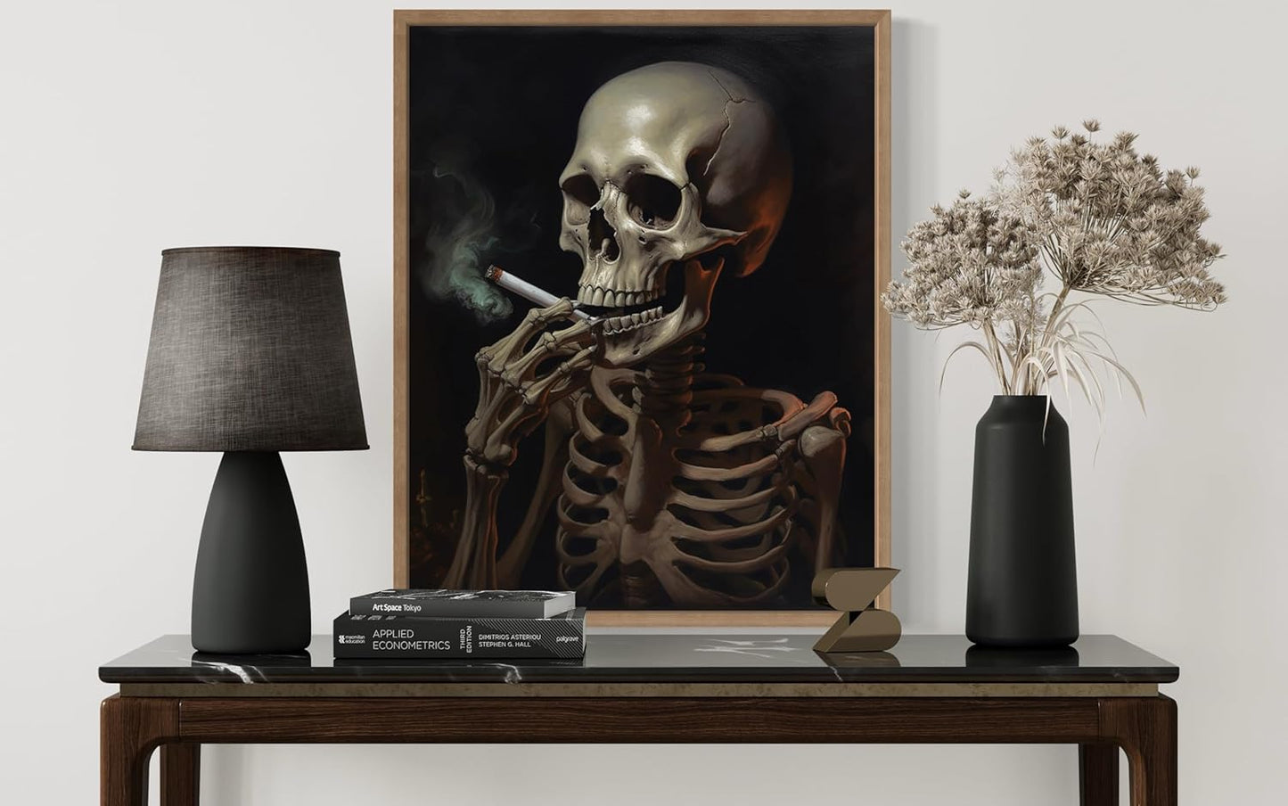 Skull Smoking Ciggarettes Poster Art Print, Halloween Scary Vintage Wall Art Academia Spooky Painting Decoration for Horror Prints, Gothic Posters Bedroom Decor 89 (Skull Smoking Ciggarettes, 16 x 20 inches, Wood Frame)